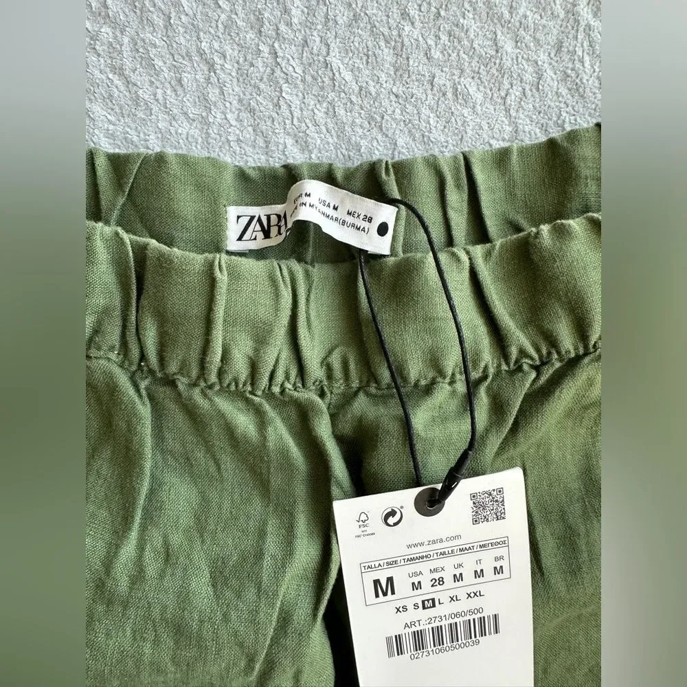 ZARA Women's Linen Olive Green Trousers Pants Size medium‎